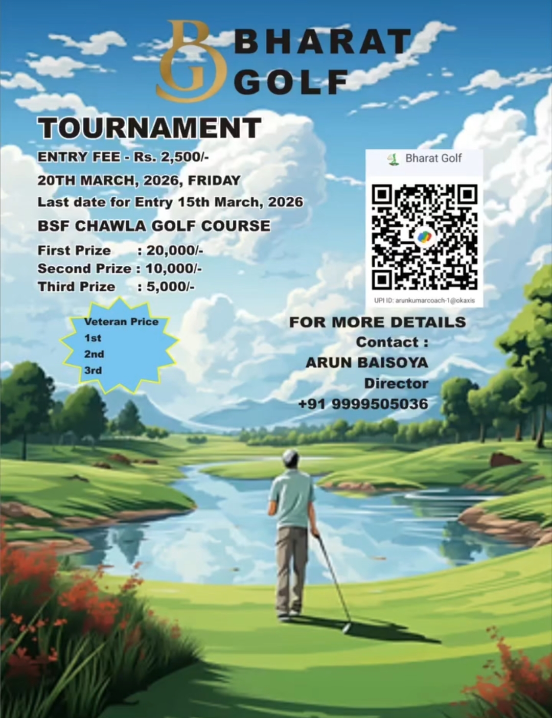 Bharat Golf tournament poster for 20 March 2026 at BSF Chawla Golf Course